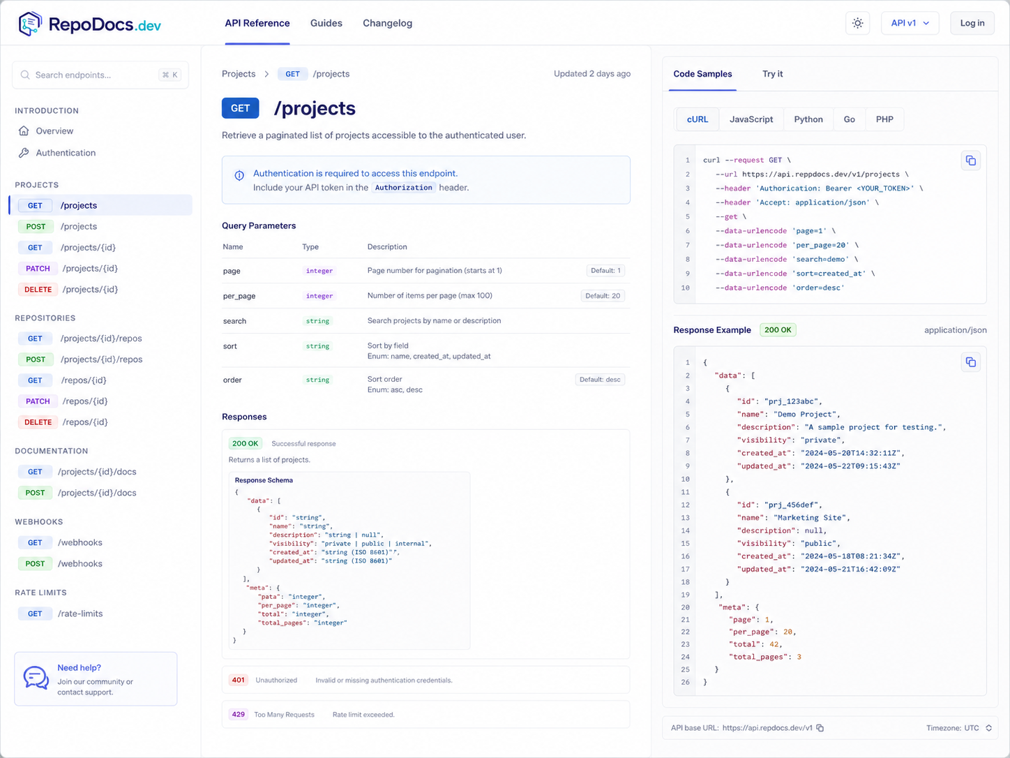 RepoDocs.dev API reference portal with endpoint detail and multi-language code samples