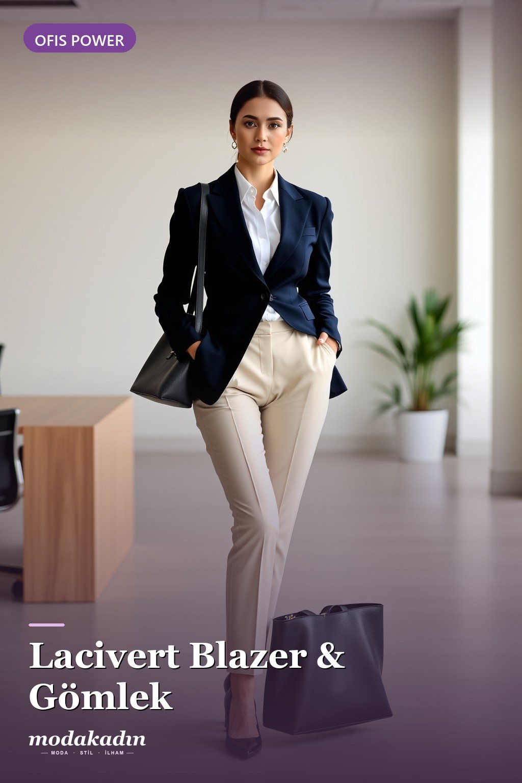 Lacivert blazer, beyaz gömlek ve pantolon ile ofis power kombini
