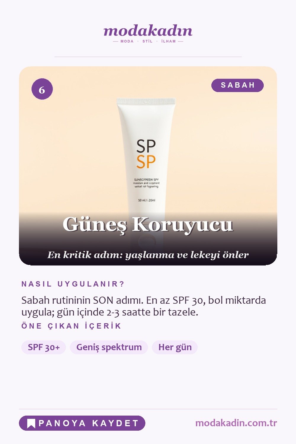 Cilt bakım rutini güneş koruyucu adımı Pinterest pini