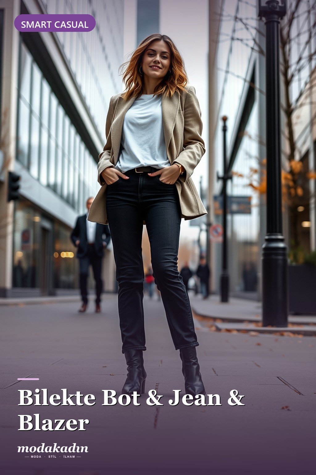 Bilekte bot, jean ve blazer ile smart casual kombin
