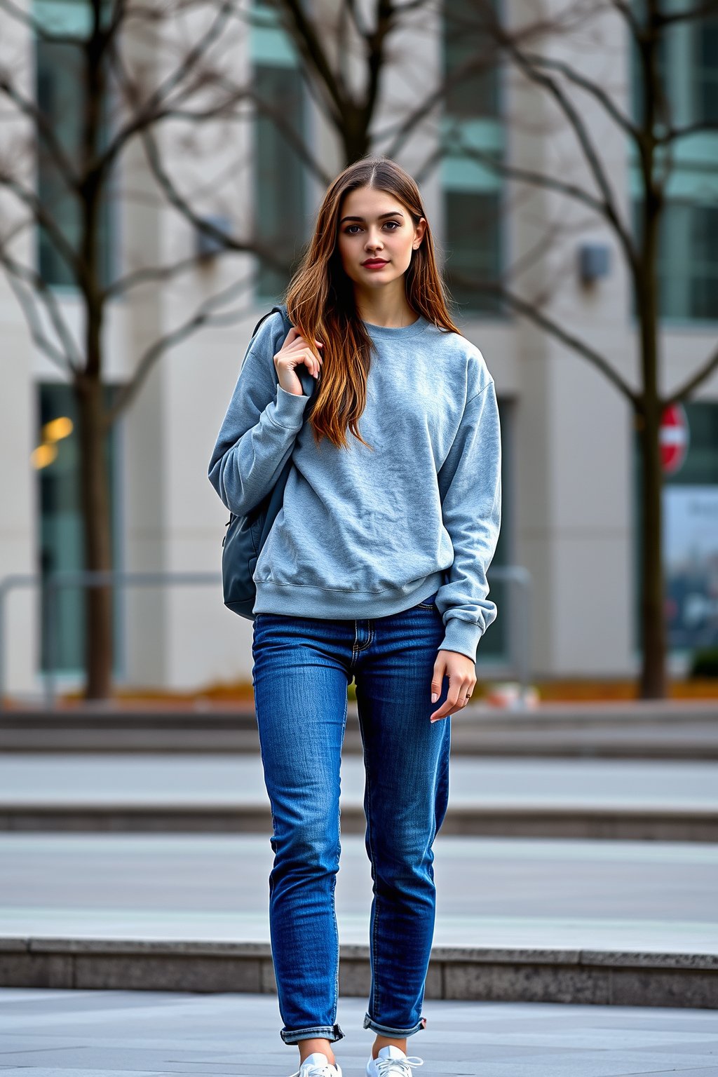 Gri sweatshirt, mom jean ve spor ayakkabı ile kampüs kombini
