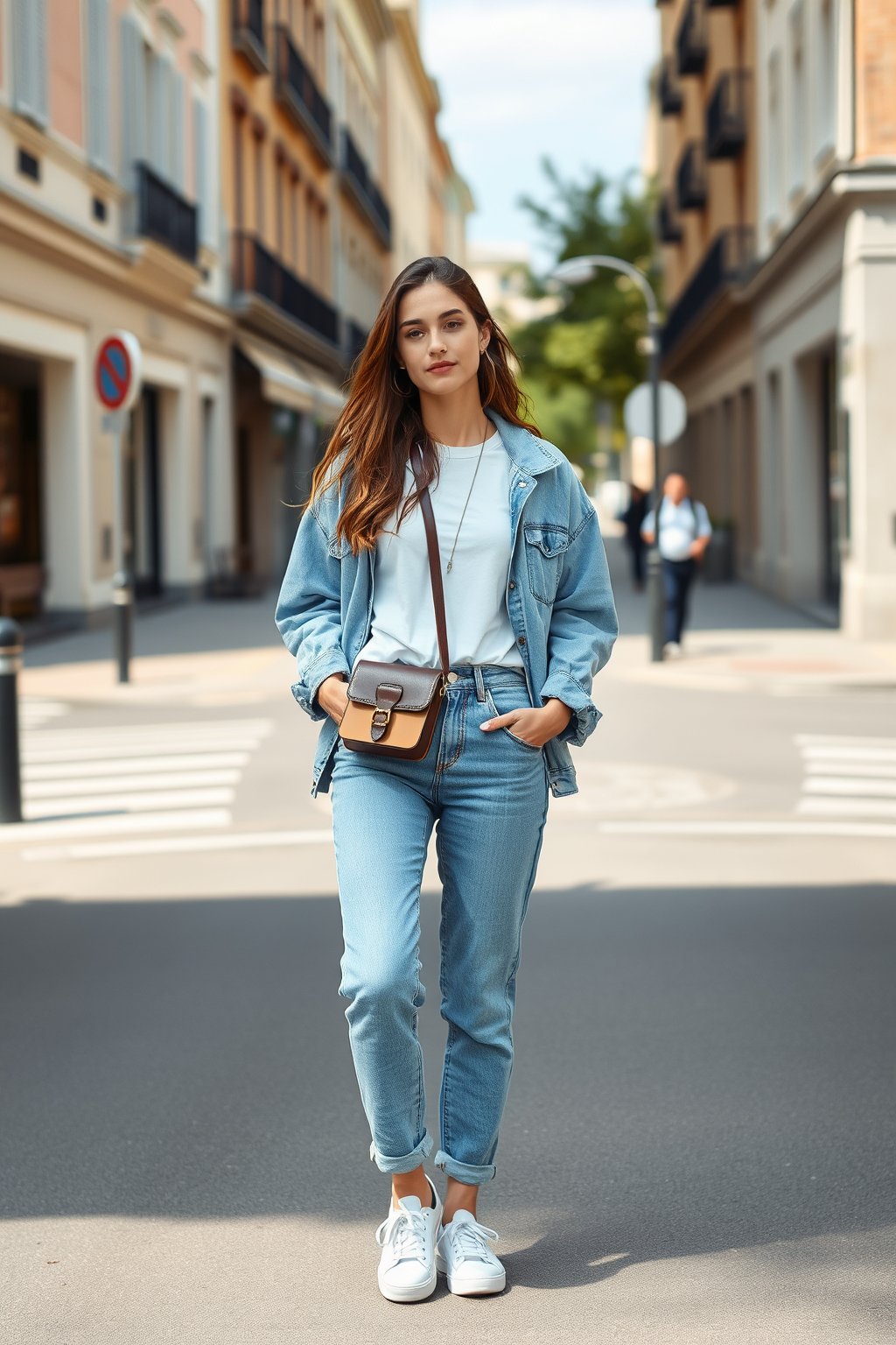 Beyaz tişört, mom jean ve denim ceket ile kahve buluşması kombini