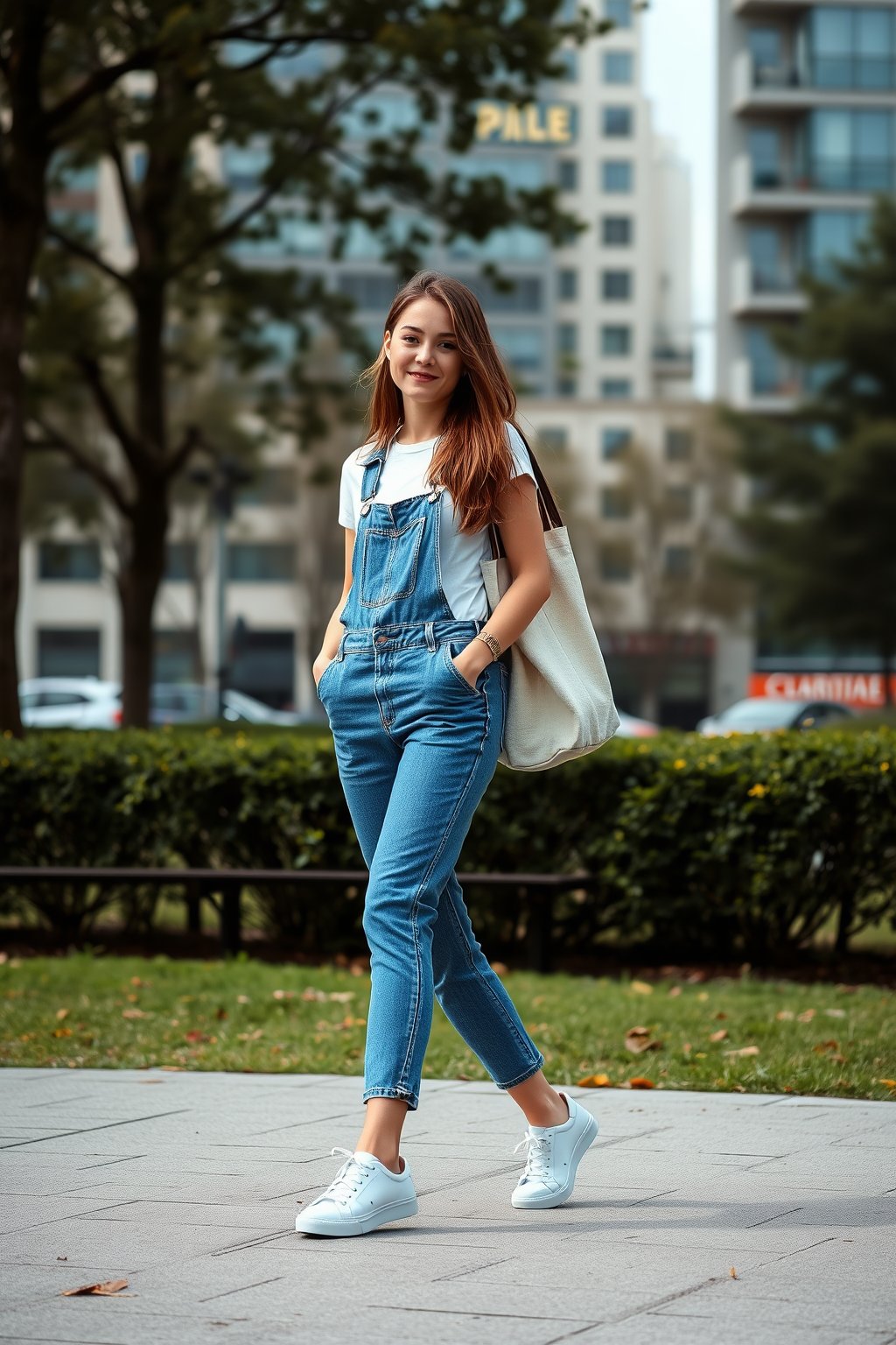 Mavi denim salopet ve beyaz tişört ile neşeli hafta sonu kombini