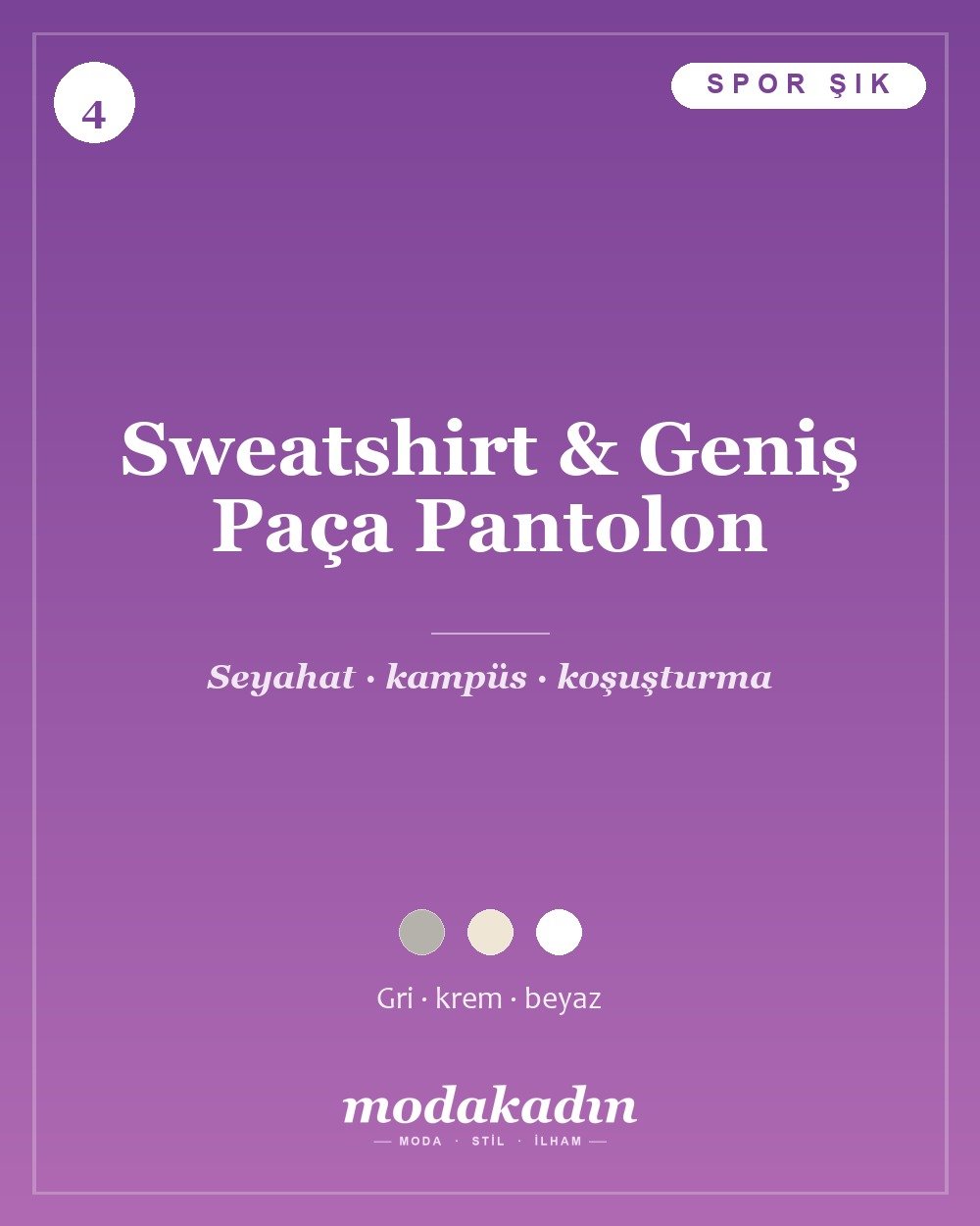 Gri sweatshirt ve krem geniş paça pantolon ile spor şık günlük kombin