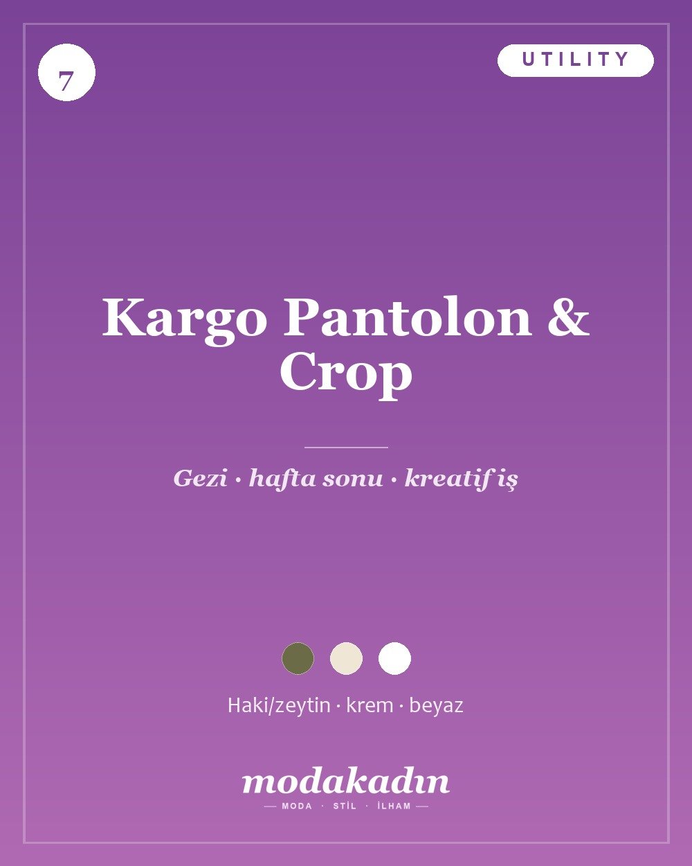 Haki kargo pantolon ve krem crop ile utility tarzı günlük kombin