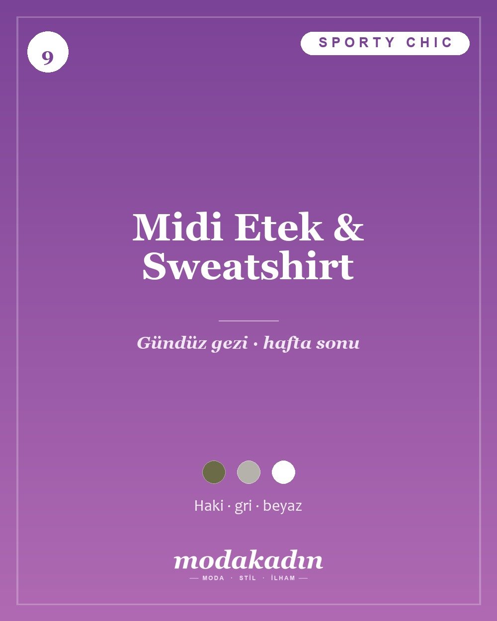 Haki pileli midi etek, gri sweatshirt ve spor ayakkabı ile sporty chic kombin