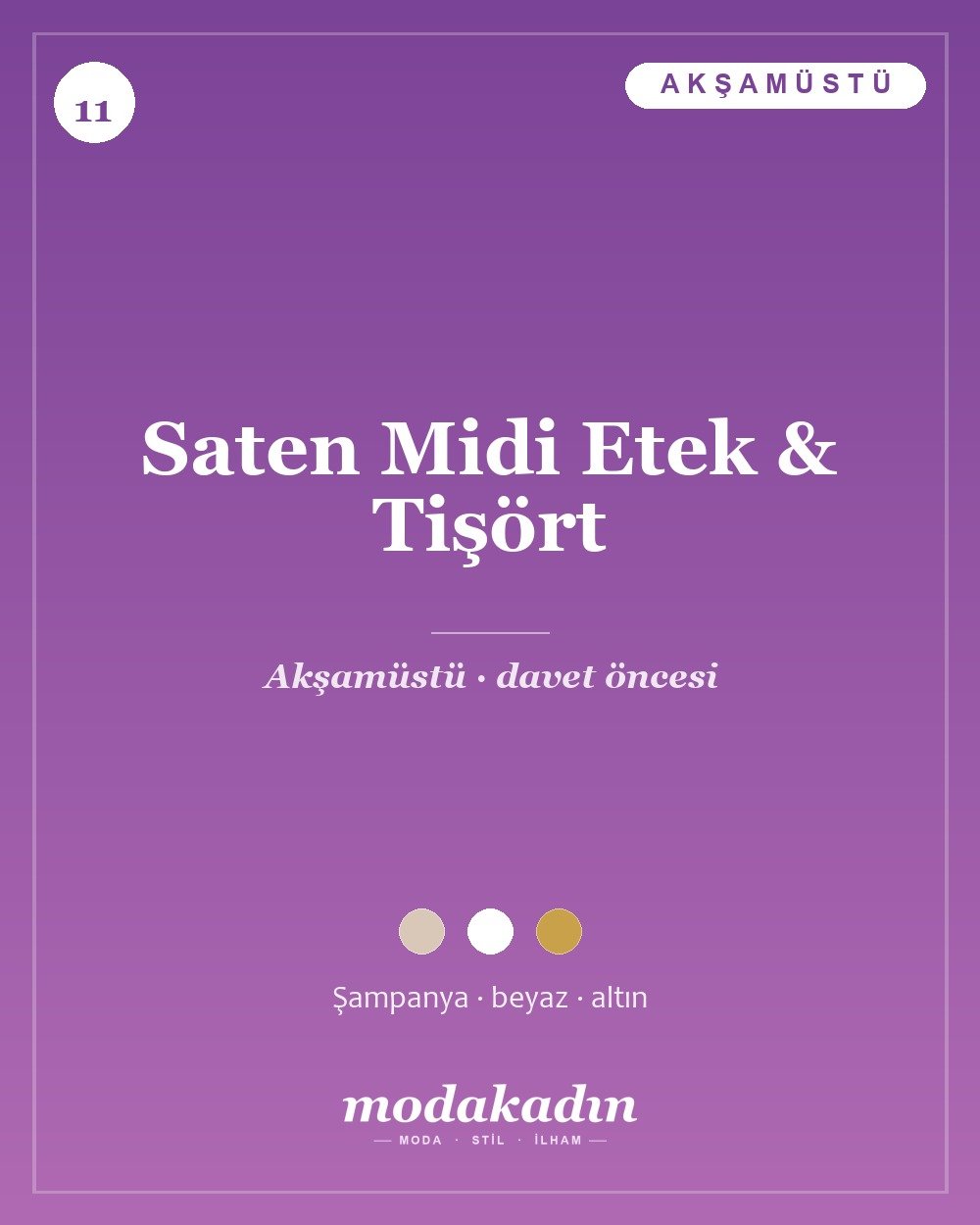 Şampanya rengi saten midi etek, beyaz tişört ve topuklu ile zarif günlük kombin
