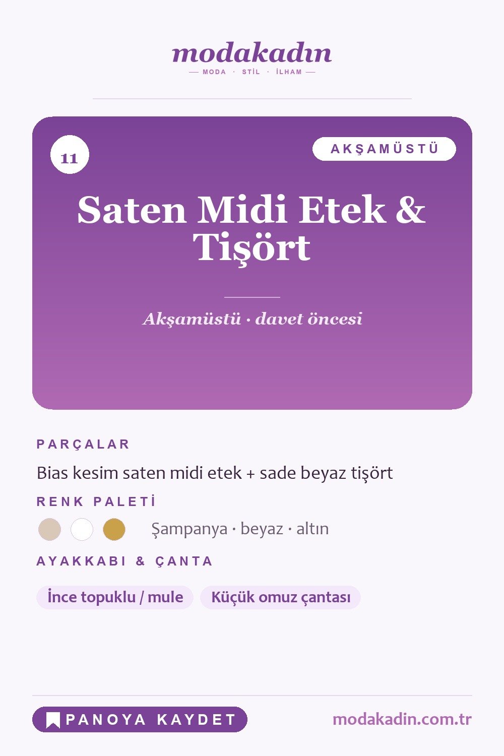Saten midi etek ve tişört kombini Pinterest pini