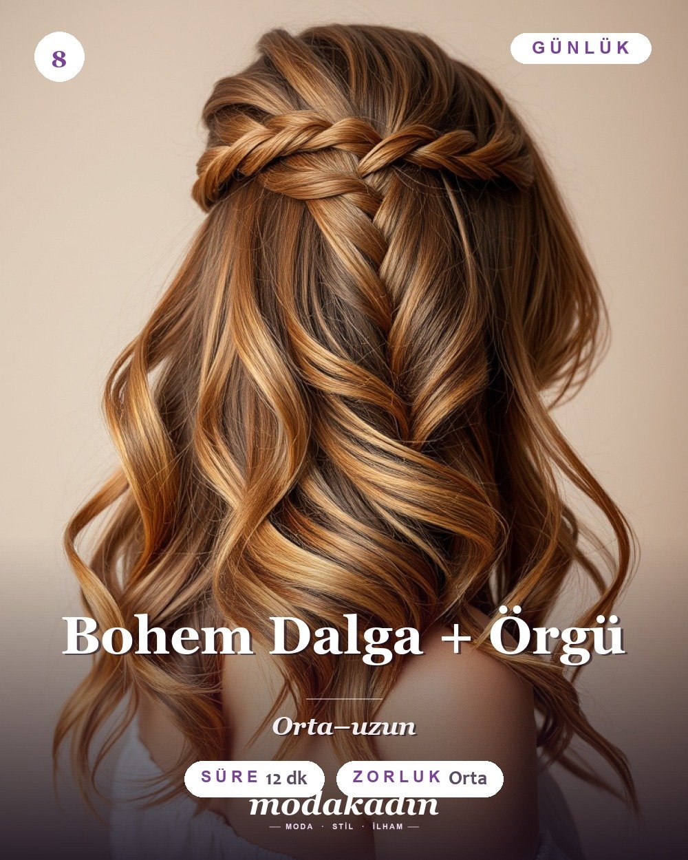 Bohem dalga ve örgü detaylı saç modeli