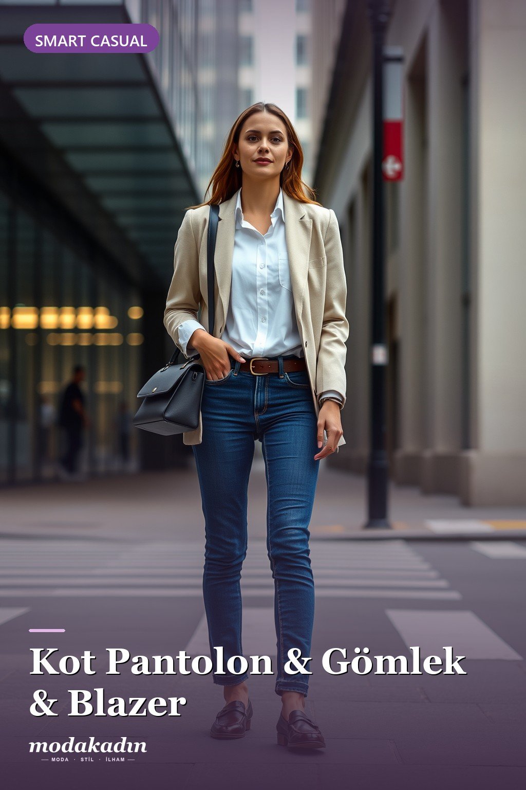 Kot pantolon, beyaz gömlek ve bej blazer ile smart casual kombin
