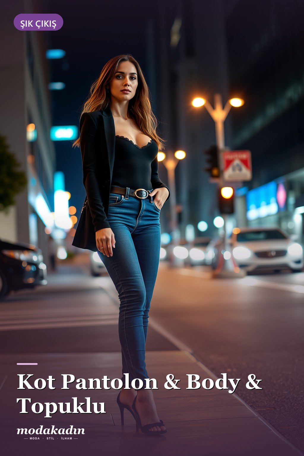 Skinny kot pantolon, siyah body ve topuklu ile şık çıkış kombini