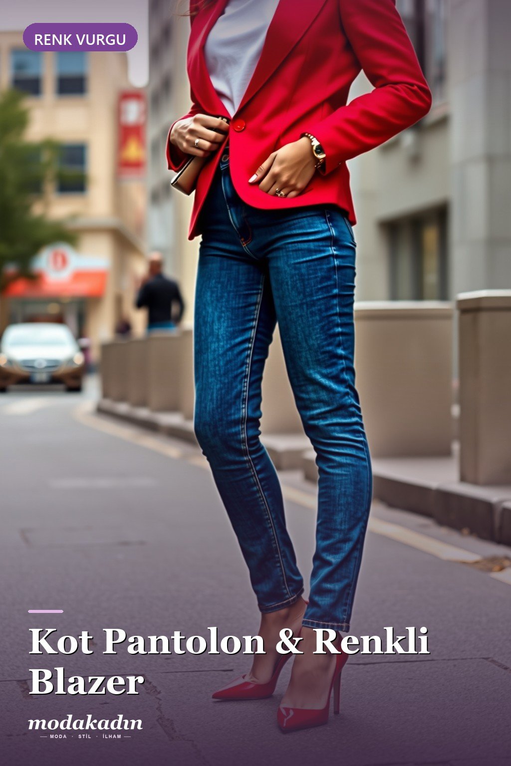 Kot pantolon ve kırmızı blazer ile renk vurgulu kombin