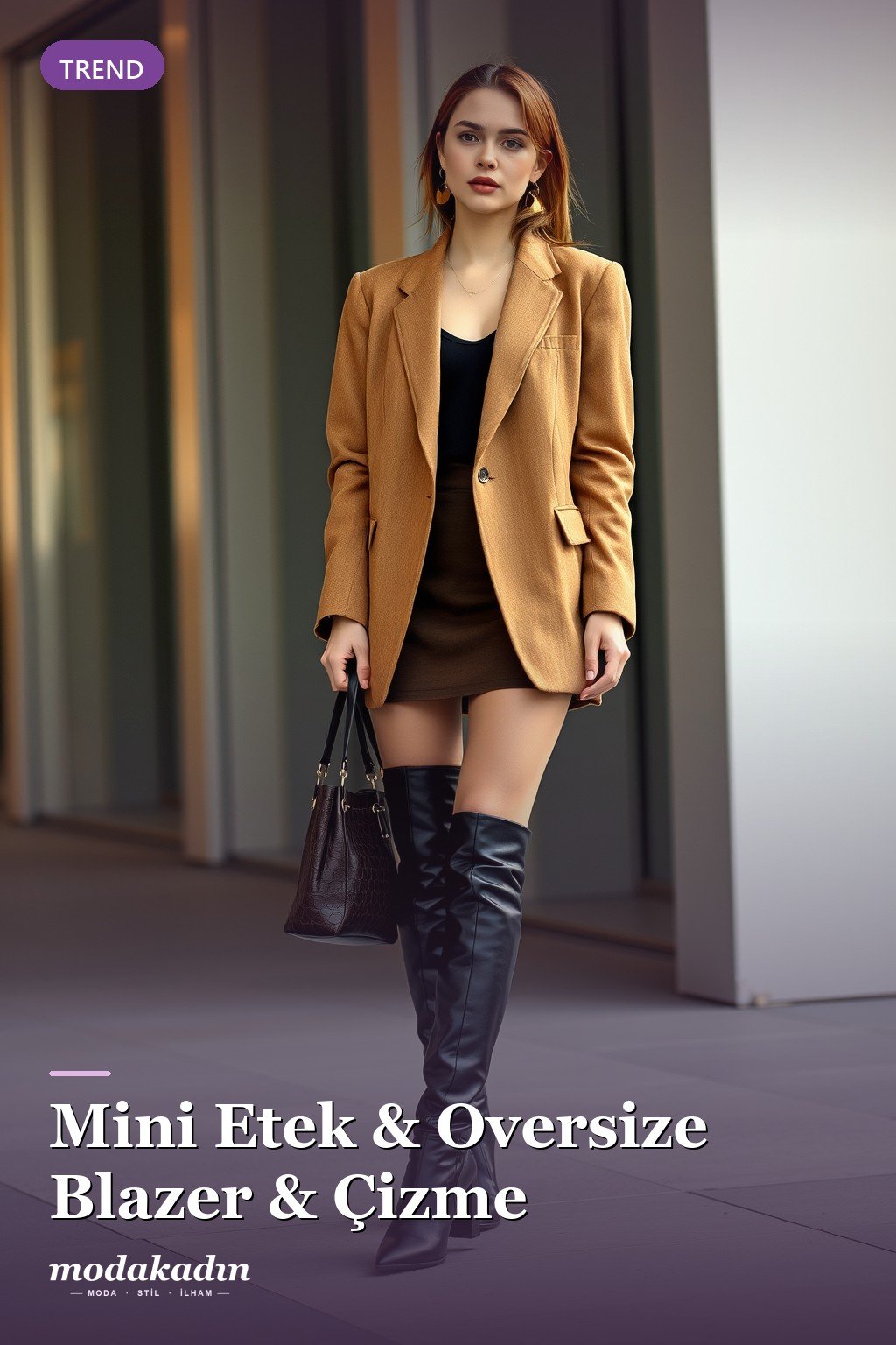 Mini etek, oversize blazer ve diz üstü çizme ile trend kombin