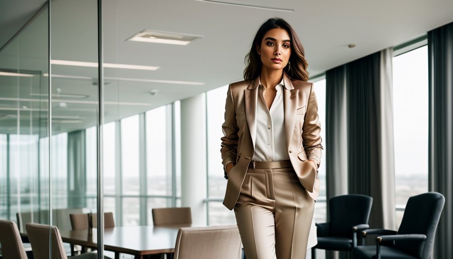 Bej blazer, saten bluz ve topuklu ile toplantı kombini