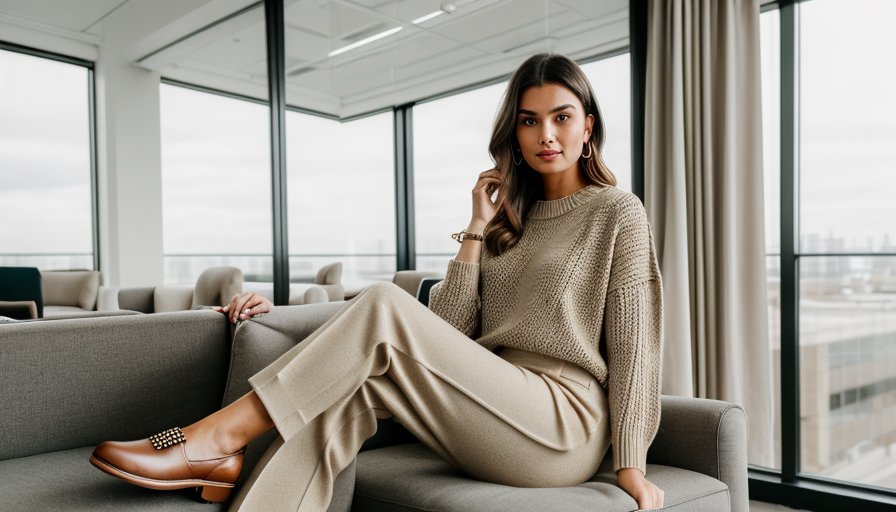 İnce triko, bol pantolon ve loafer ile smart casual kombin
