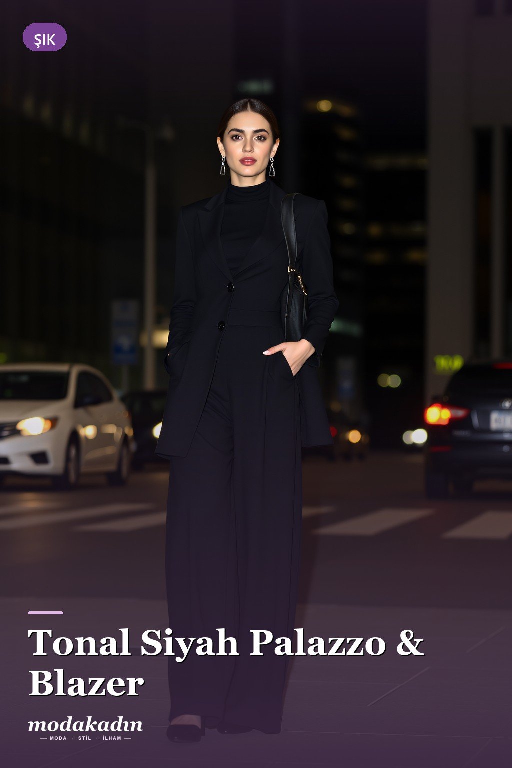 Tonal siyah palazzo pantolon, body ve uzun blazer ile şık kombin