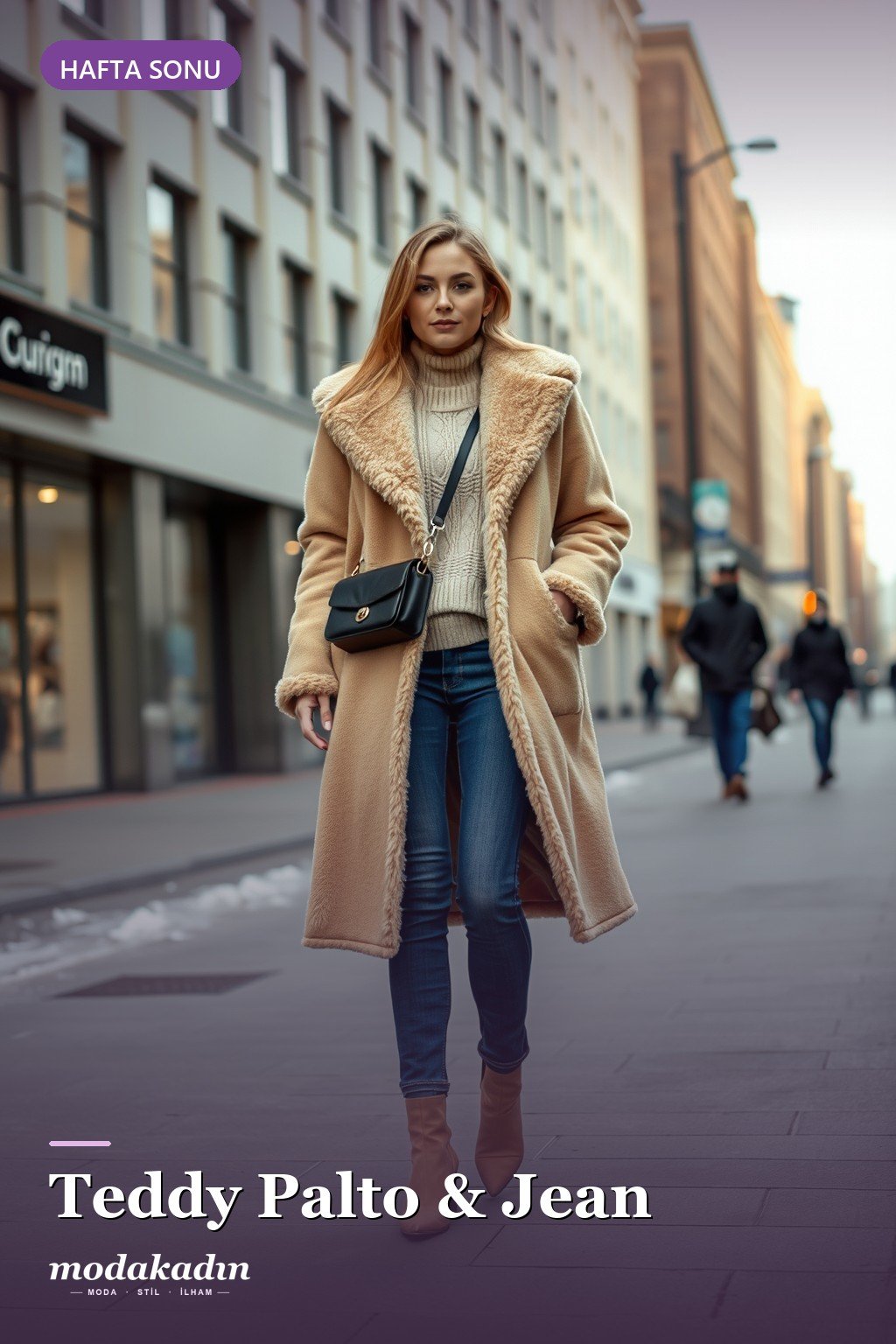 Bej teddy peluş palto ve jean ile hafta sonu kombini