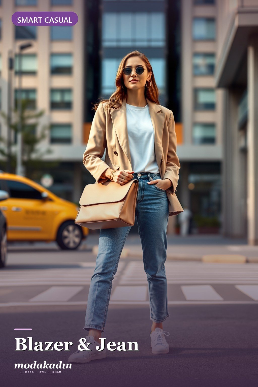 Bej blazer, beyaz tişört, mavi jean ve beyaz sneaker ile smart casual kombin