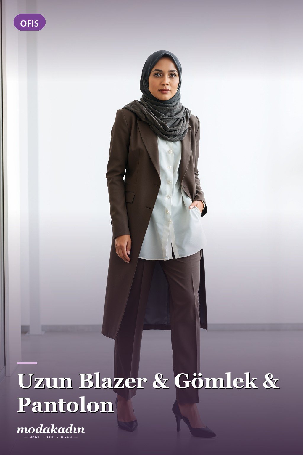 Uzun blazer, gömlek ve pantolon ile ofis tesettür kombini